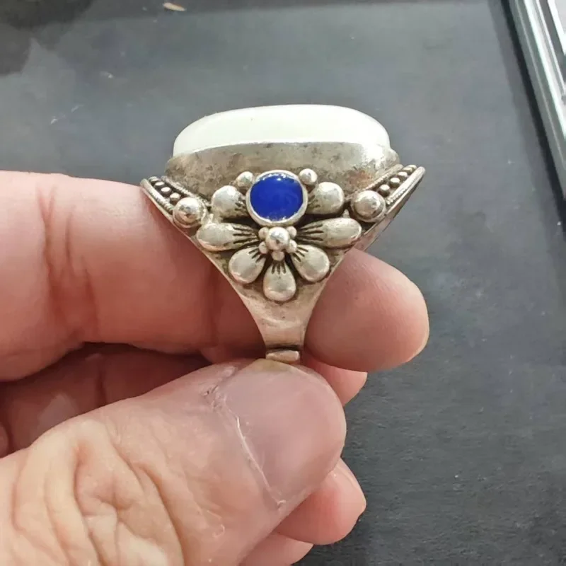 Vintage Silver‑Tone Floral Ring Oval Imitation Jade With Blue Enamel Inlay Retro Chinese Open Adjustable Unisex Finger Jewelry