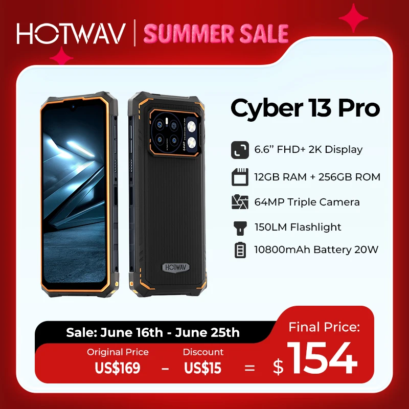 

[Мировая премьера] HOTWAV Cyber 13 Pro 150LM Фонарик 20 ГБ + 256 ГБ 6,6 дюйма FHD + 2K 10800 мАч 20 Вт Быстрая зарядка 64 МП Android 13 Global