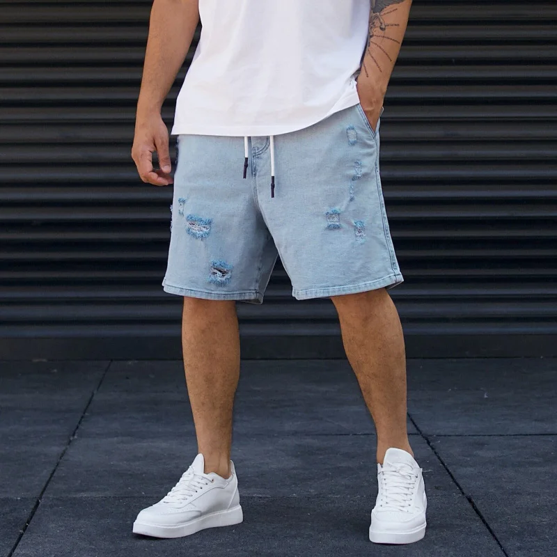

Рваные шорты мужские свободные шорты с пятью точками модные синие шорты средней длины летние стильные