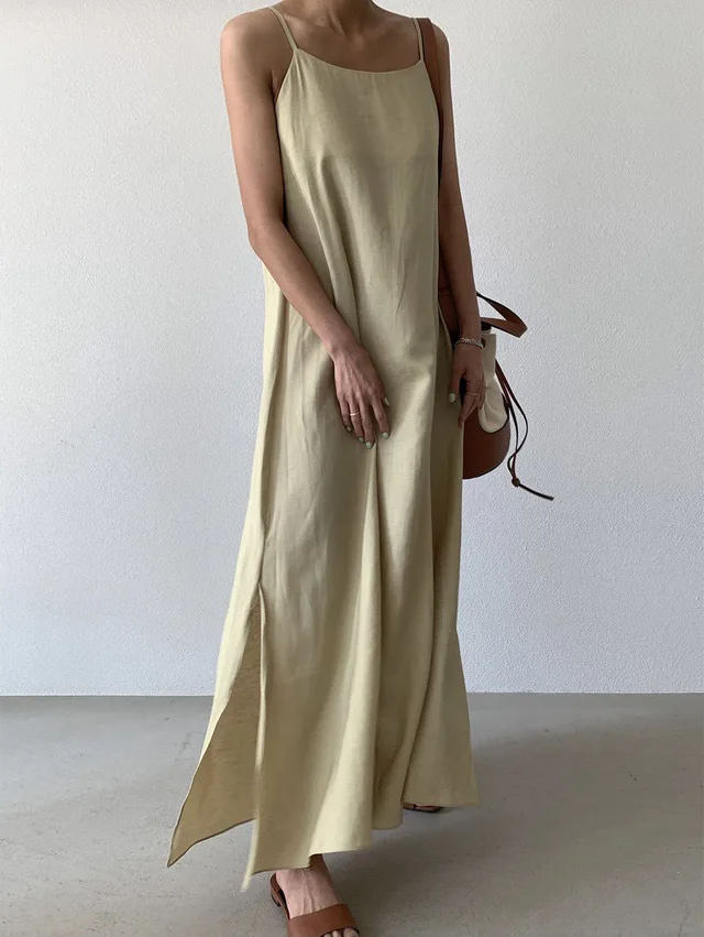 

Ladies Summer Loose Fit Long Dress Side Slit Strapless Korean Style Commute Straight Tube A-Line Dress for Work Casual Date