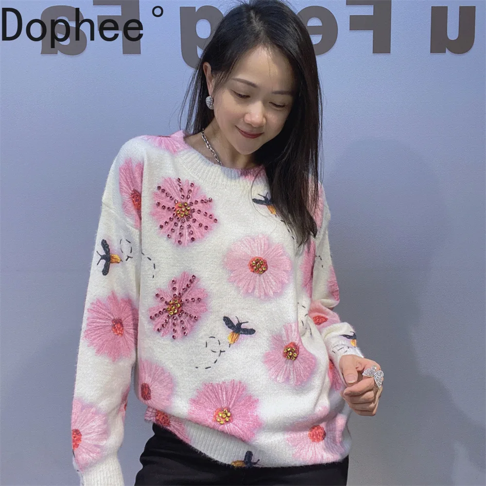 

2025 New Autumn Winter Women Knitted Sweaters Diamonds Flowers Printed Round Neck Loose Pullover Top Casual Knitting Jumpers