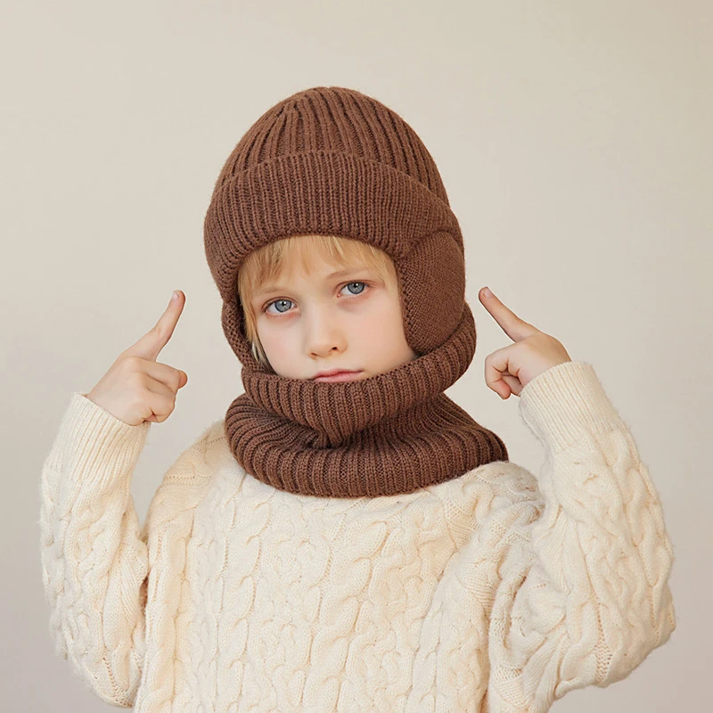 Conjunto de bufanda de lana para niño y niña, gorro de lana con orejeras, calentador de cuello de punto, 2 piezas, Invierno