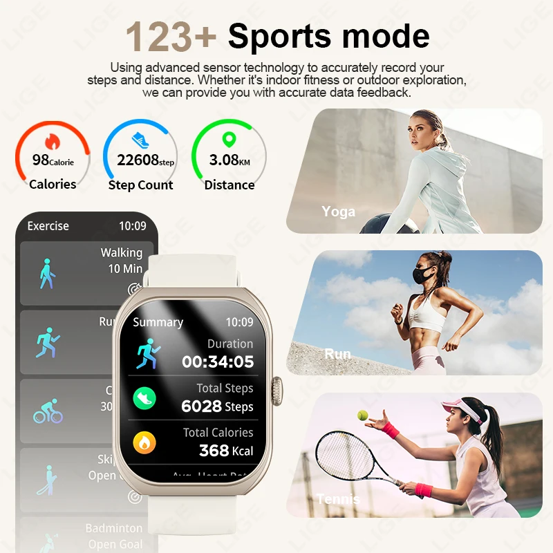 LIGE nuevo reloj inteligente para mujer Bluetooth llamada AI voz pulsera inteligente pantalla curva 3D Monitor de ritmo cardíaco mujeres hombres reloj inteligente regalo