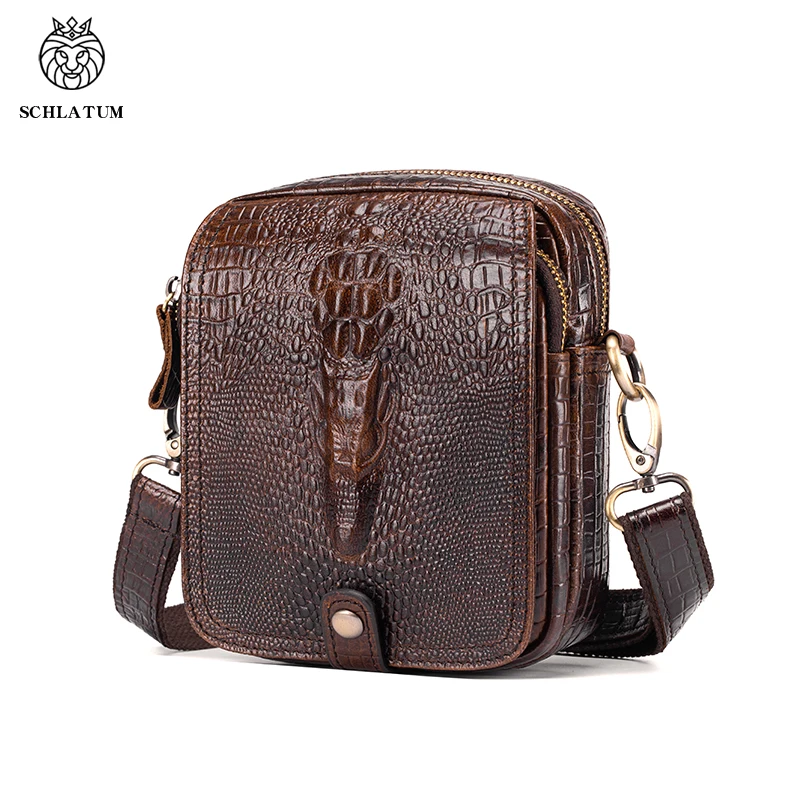 SCHLATUM Real Leather Men's Crossbody Bag Top-Grain Cowhide Crocodile Embossed Small Zip Phone Pouch