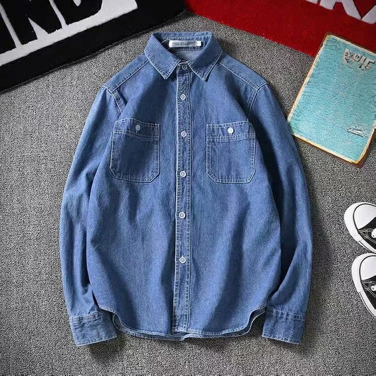 Vintage Denim Long-sleeved Shirt for Men Oxford Soild Men\'s Shirt Spring and Autumn Casual Slim Korean Fashion Tops Men Blouses