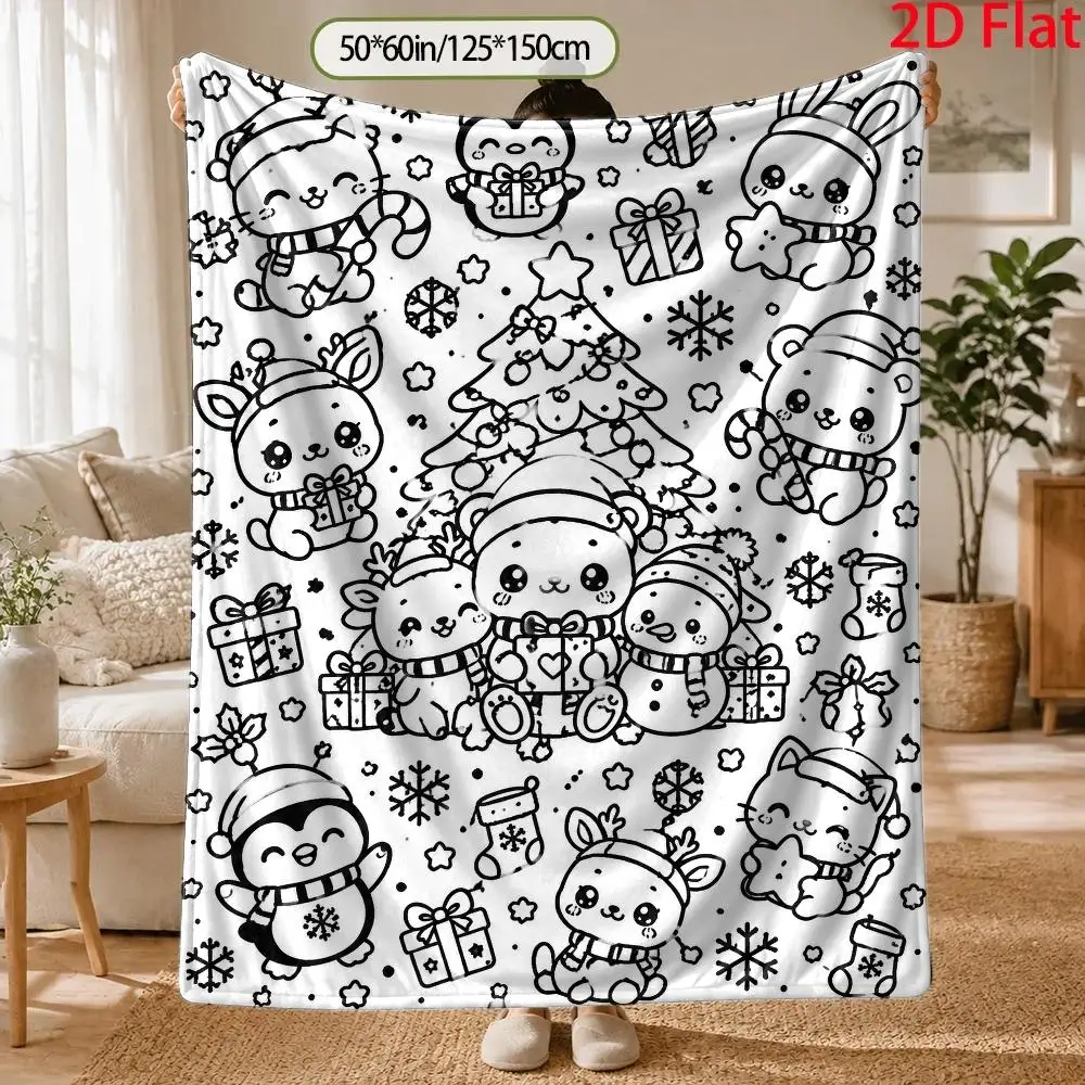 1pc 2D Flat Christmas Tree Winter Animal Throw Blanket, Kawaii Line Art Blanket, Black White Coloring Book Style for Home Decor
