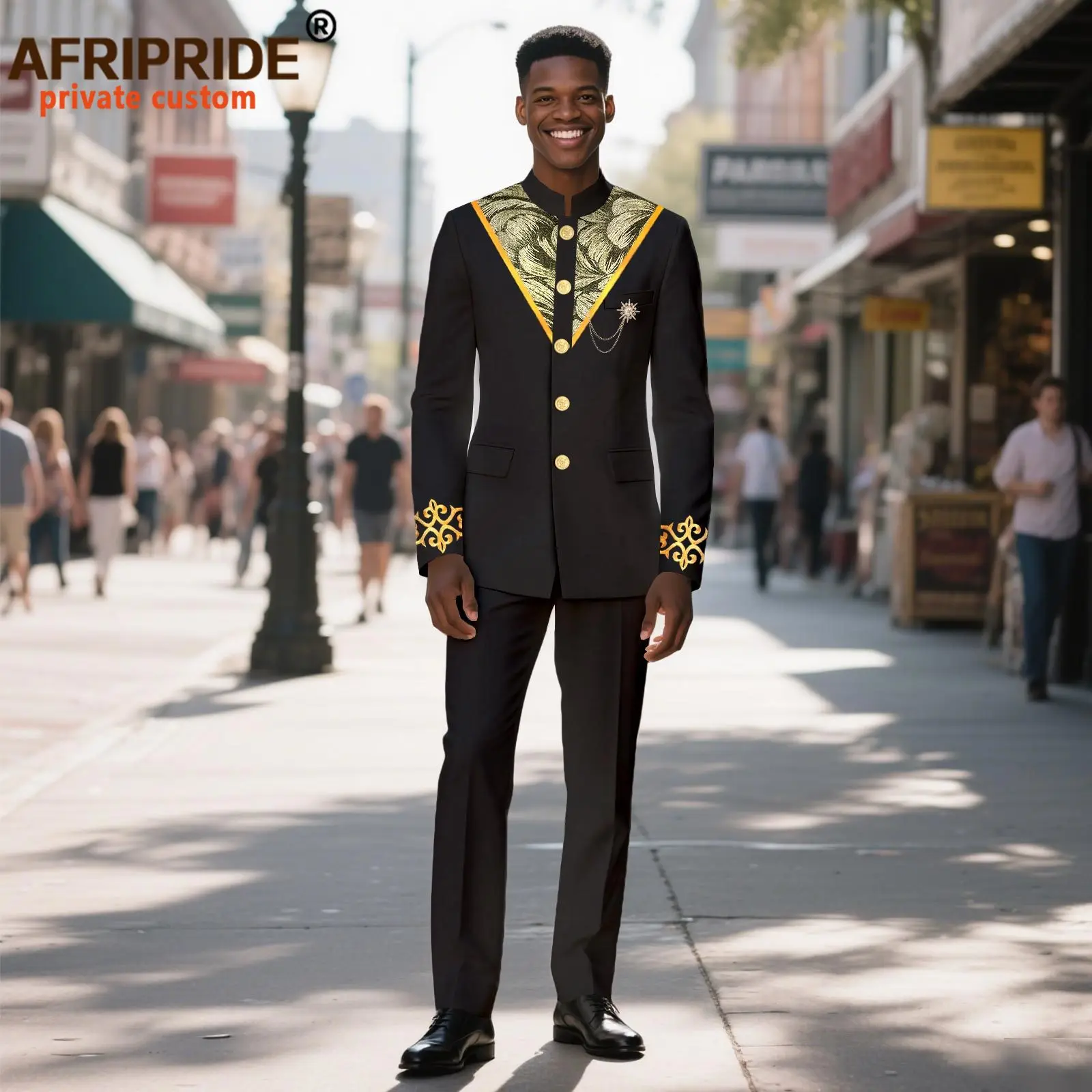 African Suits for Men Slim Fit Embroidery Brooch Single Breasted Jacket and Pants 2 Piece Set Dashiki Wear for Wedding 2516059