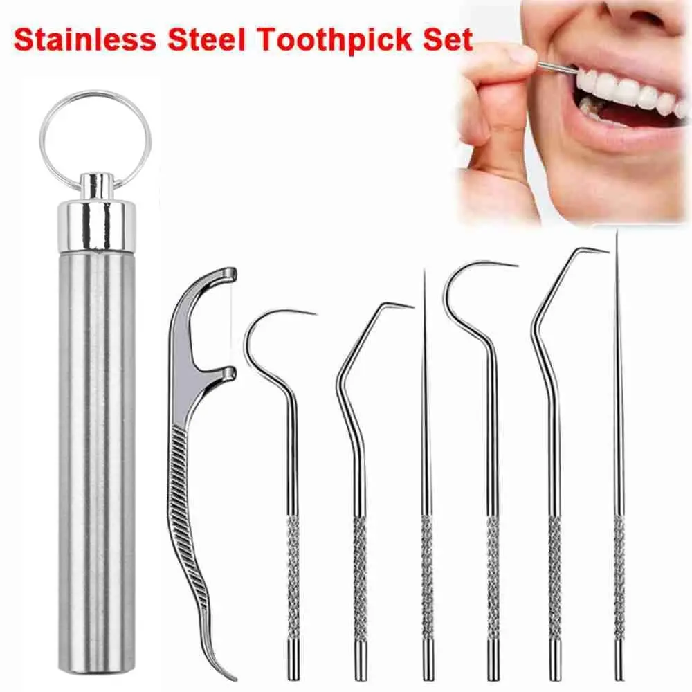 Storage Box Oral Cleaning Tool Seal Storage Box Toothpick Pocket Set Stainless Steel Toothpick Set Tooth Pick Keychain Holder
