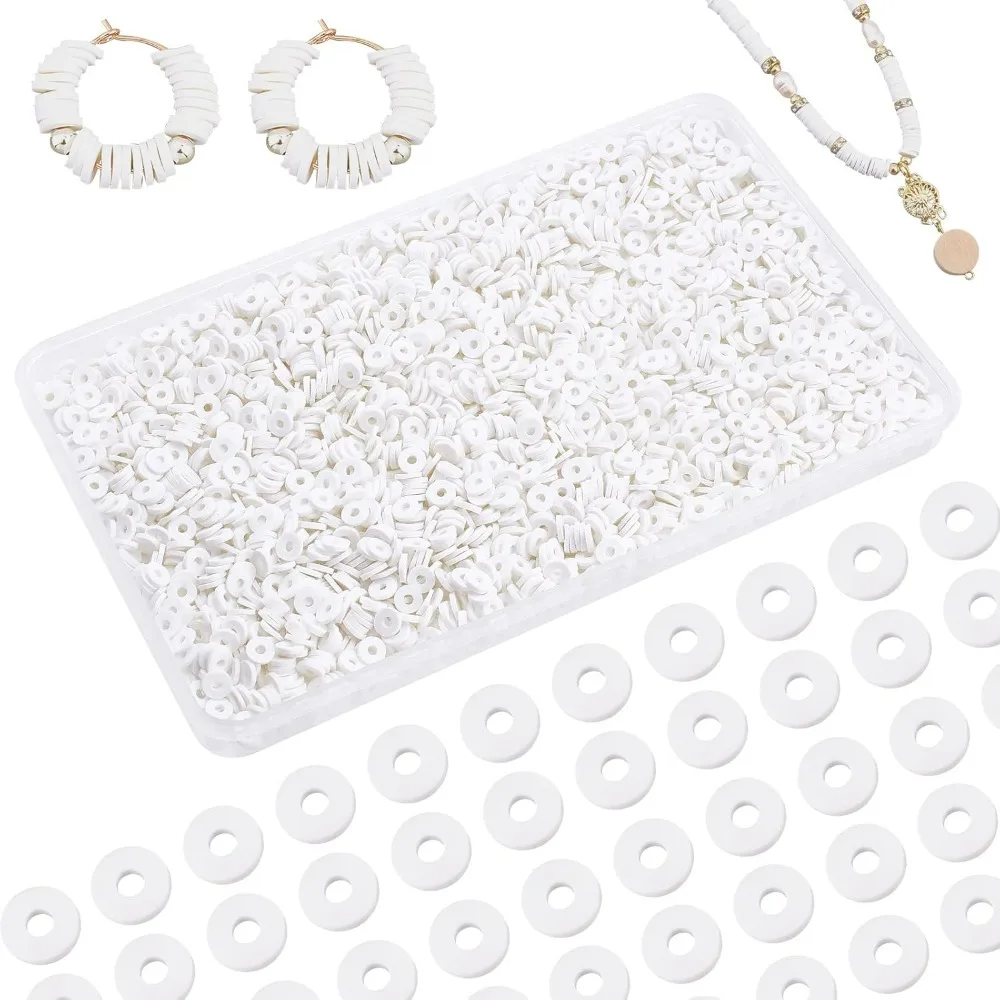 3000pcs White Heishi Clay Beads 6mm Vinyl Disc Beads Flat Round Polymer Clay Beads for Jewelry Making Summer Decor 2mm Hole