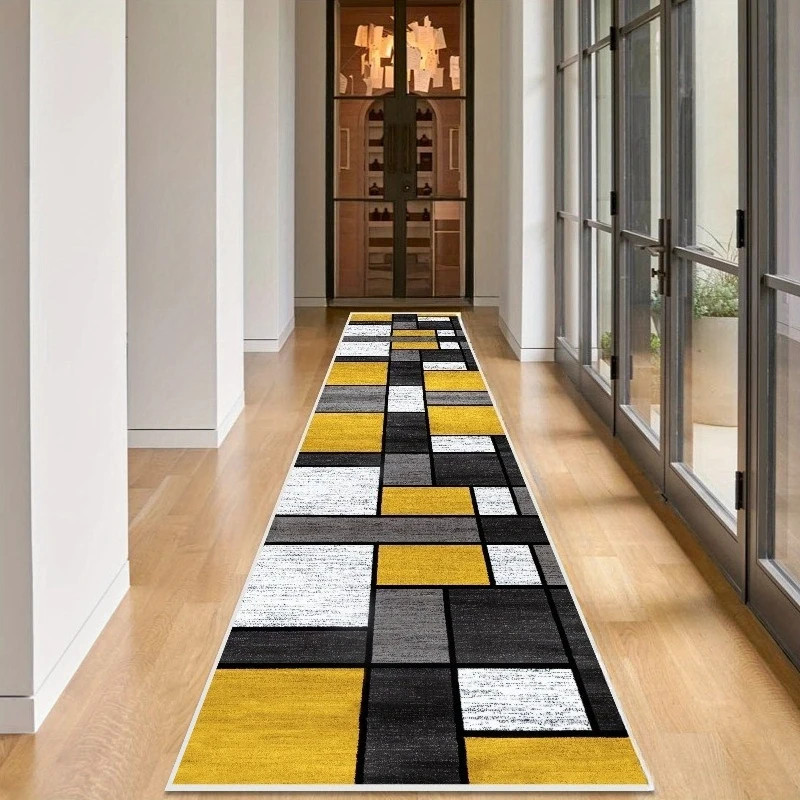 VIKAMA Modern Geometric Hallway Runner Rug Yellow Grey Block Non Slip Long Floor Mat for Entryway Corridor Home Decor