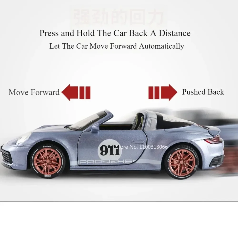 1:32 Porsche 911 Targa 4S Toys Cars Miniature Models Alloy Diecast Pull Back Supercar Sound Light Vehicles Boys Festival Gifts