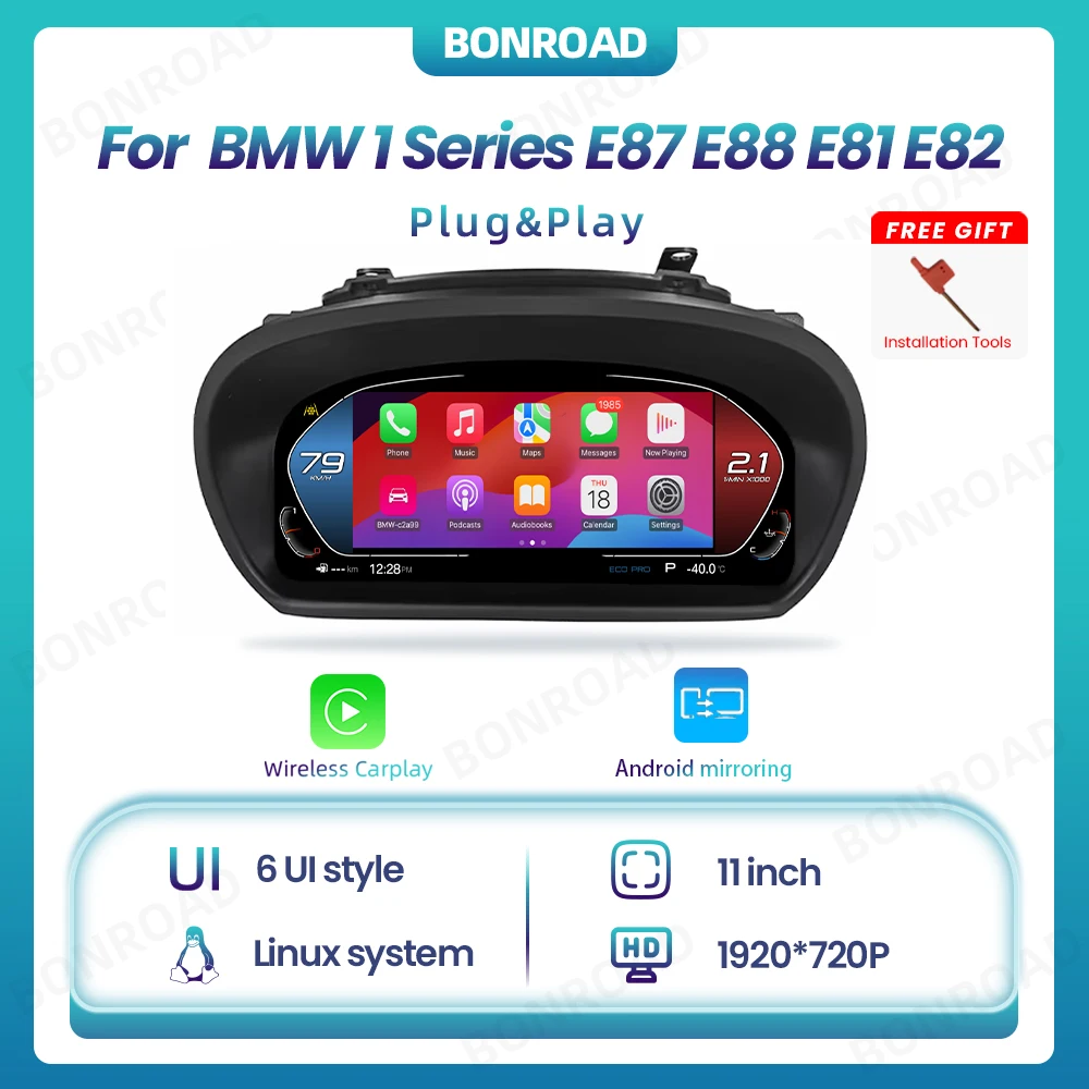 Bonroad Linux 11 pulgadas 1920*720P inalámbrico Carplay Android espejo grupo de instrumentos digitales para BMW serie 1 E87 E88 E81 E82 panel de visualización velocímetro Cockpit Airplay Voor