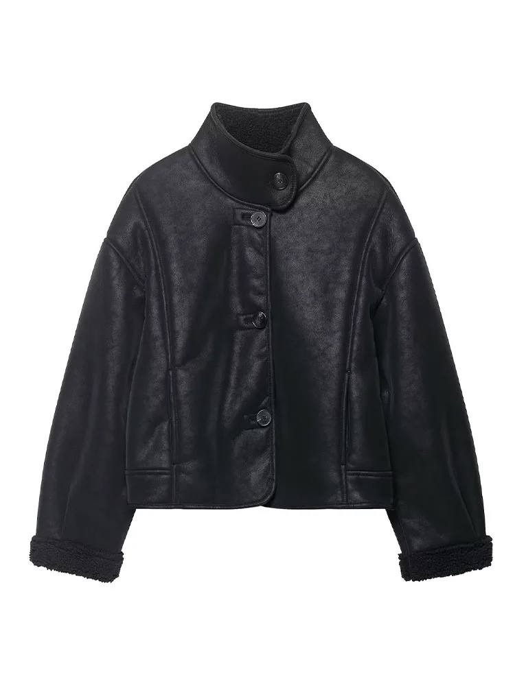 

HH Woman Autumn High Street Loose Warm Jackets Black Stand Collar Single Breasted Woman's New Fashion Long Sleeves Coats