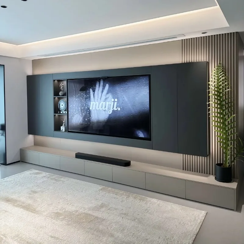 Luxury living room floating TV cabinet modern design wooden background wall with storage space