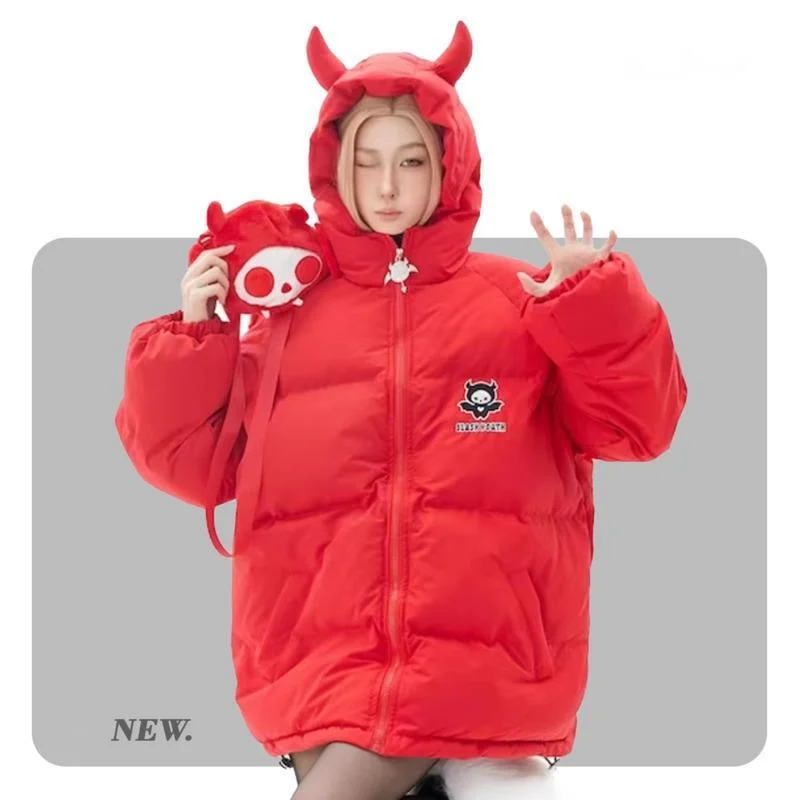 Cartoon Parkas Devil Padded Jacket With Wings Tail Creative High Street Winter Warm Down Coat Halloween Loose Hooded Bubble Coat