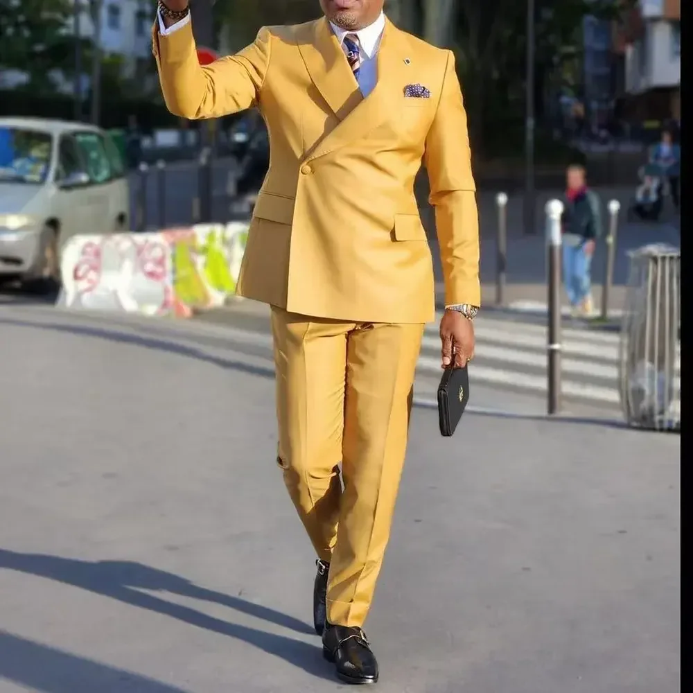 

Желтые мужские костюмы, комплект из двух предметов, куртка, брюки, одна пуговица, остроконечные лацканы, официальная свадебная одежда для жениха и выпускного вечера, мужская одежда на заказ