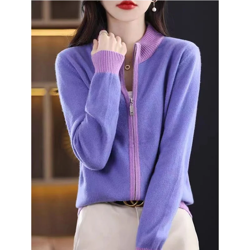 

Женский кардиган, модный лоскутный свитер 2024, новинка осени и зимы, толстая корейская водолазка, свободное вязаное пальто, женская футболка