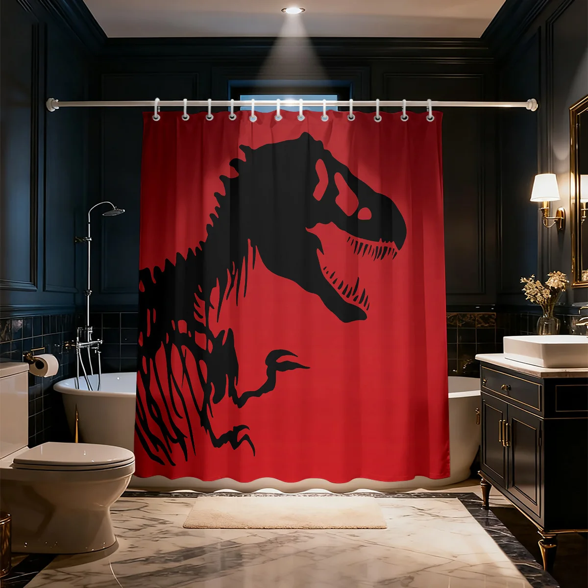 Dramatic T-Rex Dinosaur Silhouette Shower Curtain Red Waterproof Bath Decor Polyester Jurassic Theme for Nursery Bathroom Gift