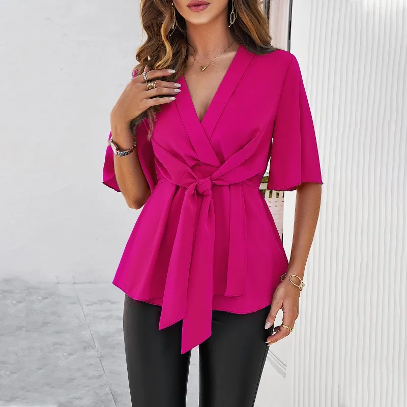 

Women's Summer Clothing Solid Elegant Flared Sleeve Tie Waist Top Temperament Commuting New Female Fashion Slim Pullover Blouses