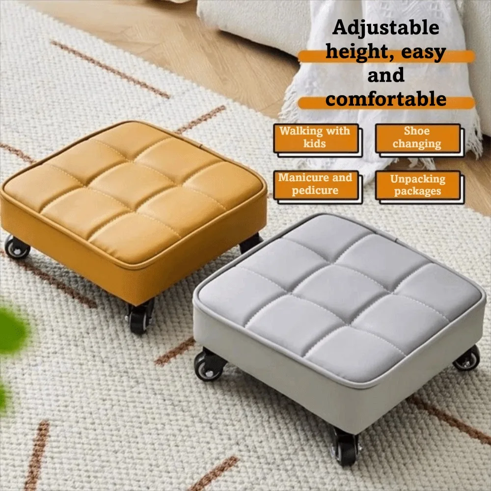 Upholstered Swivel Caster Stool Rounded Edges Stitched Low Sliding Bench Square Shape Portable Rolling Stool For Home Use