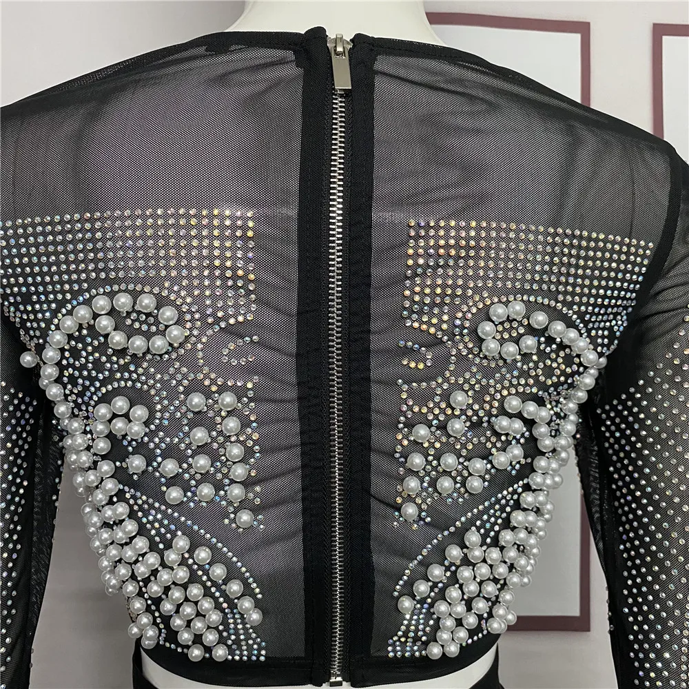 Women Fashion Tops 2022 New Beading Sexy Mesh Long Sleeve Clothes Party Club Spring Autumn Tops