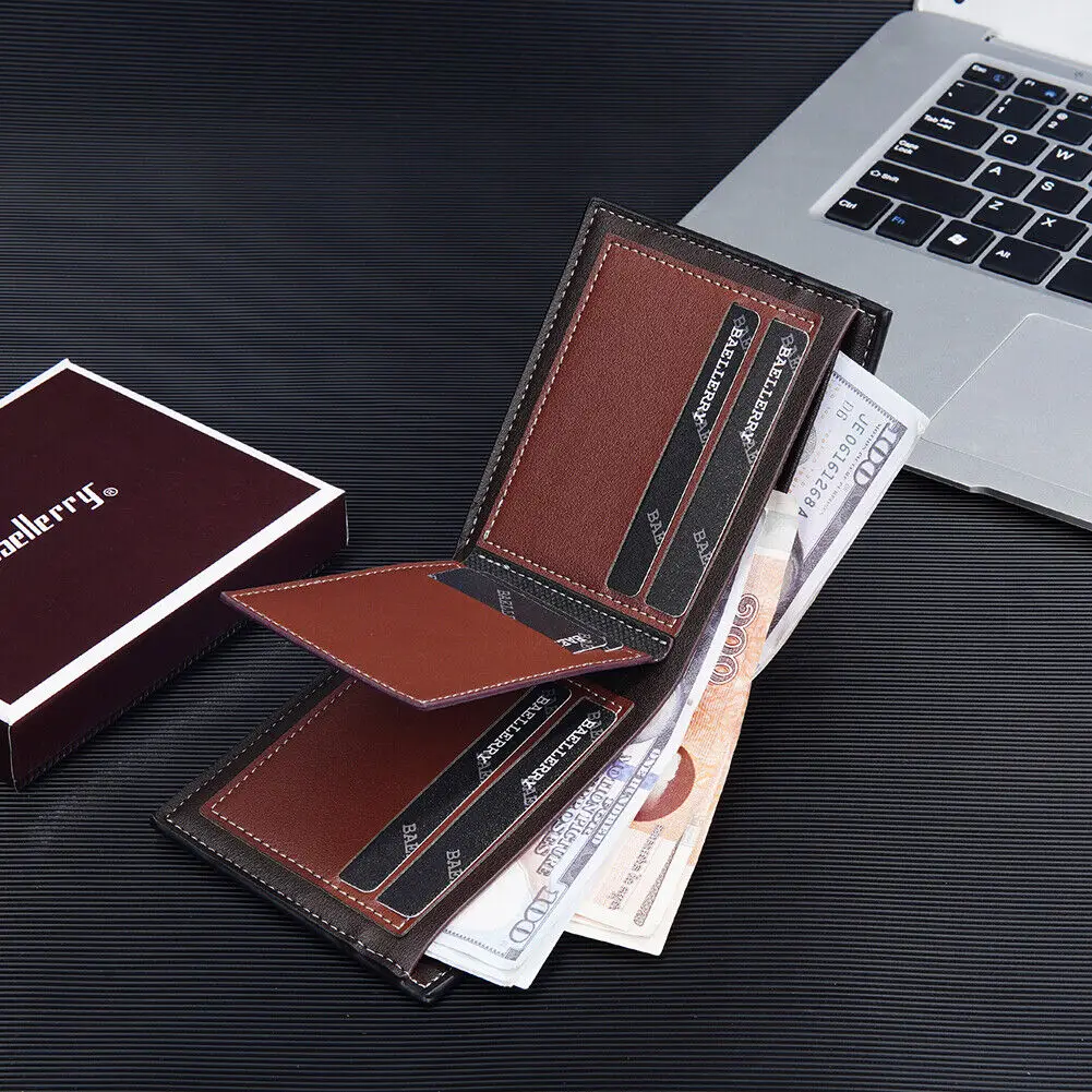 Dompet Kulit PU Pendek Pria, Dompet Pria Kecil Tempat Foto Saku Lipat Dua Slot, Saku Dompet Antik untuk Pria