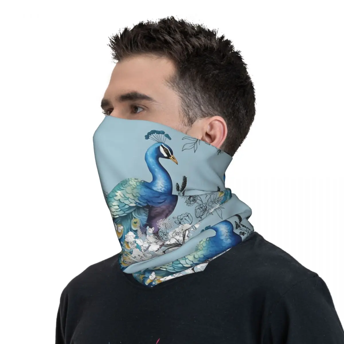 Beautiful Blue Peacock Scarf Neckerchief Neck Face Mask Polyester