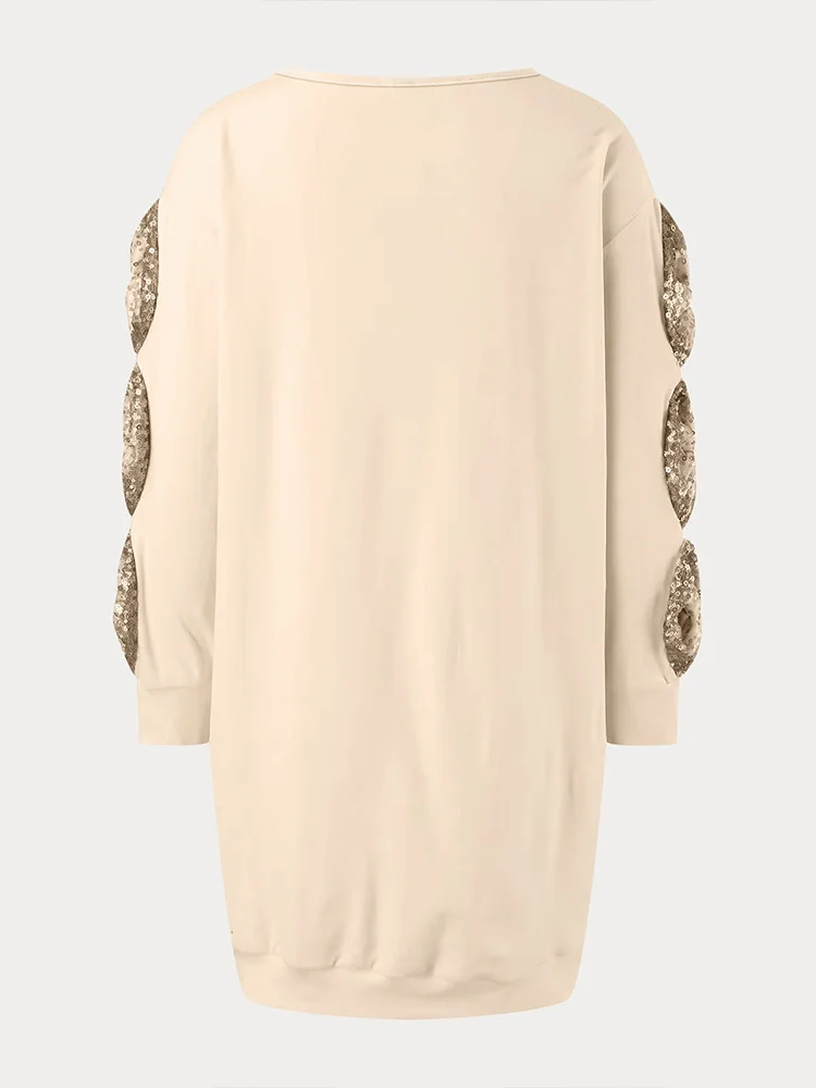 فستان نسائي بيج برقبة على شكل V مزين بالترتر مزين بفيونكة وأكمام طويلة فضفاضة تناسب منتصف الطول للحفلات والنوادي فساتين غير رسمية على الموضة