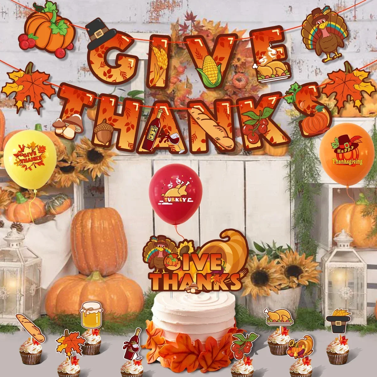 2024 New Thanksgiving Day Party Decorations Pumpkin GIVE THANKS Theme Banner Balloons Turkey Ceiling Decoration Party Supplies