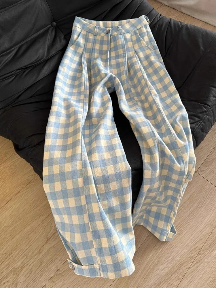 Korean Sle Blue Plaid Splicing Casual Pants Women's High Waist Drapey Wide Leg Thin Summer Trousers Faionable Loose Fit