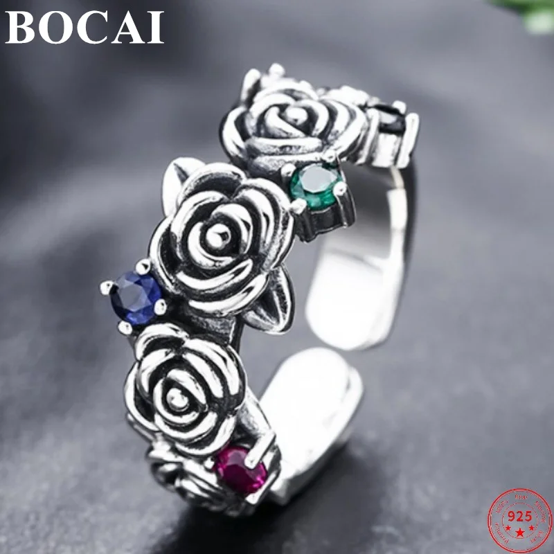 BOCAI S925 Sterling Silver Charms Rings for Women Retro Emboss 3D Thorn Rose Inlaid Zircon New Fashion Punk Jewelry Wholesale