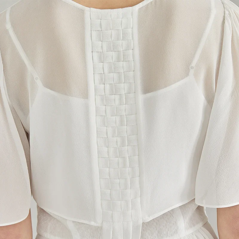 Voa jacquard seda splice dupla camada georgette vestidos de seda pura feminino duas peças de seda doce vestido branco verão 2023 novo ae2108