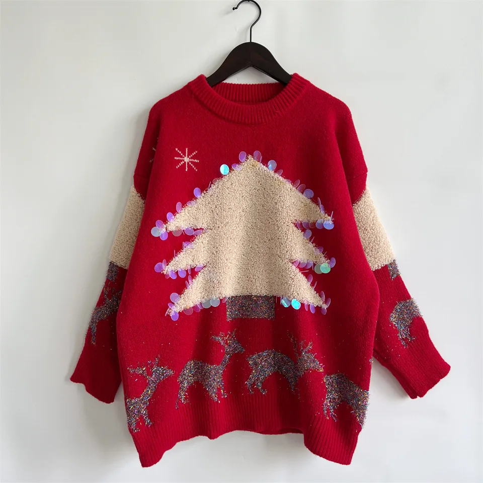 Autunno/inverno natale maglione da donna sciolto a maniche lunghe fatto a mano con paillettes albero di natale cervo Jacquard Pullover lavorato a maglia