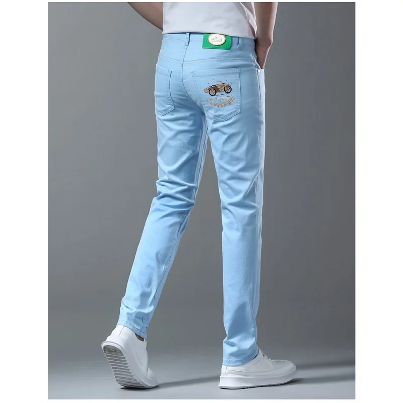 Vrije Tijd Zomer Dunne Jeans Voor Heren High-End Modieuze Bedrukte Elastische, Veelzijdige Zakelijke Lichte Luxe Slim-Fit Broek