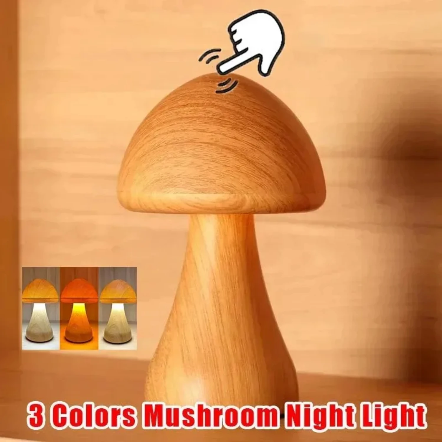 New Smart  Control  Wooden Cute Mushroom Night Lights Portable Dimmable Bedside Lamp with USB Charging Lamps   Decor