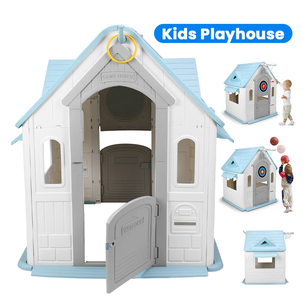 

Kids Playhouse with Basketball Hoop Dartboard Indoor/Outdoor Playset Garden Games Cottage for 2-5 Years