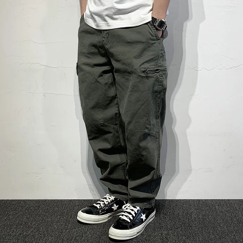Washed Vintage Work Trousers Men's Loose Wide Leg Pants Spring Autumn Seasonal Patchwork Drawstring Casual Cotton Jeans