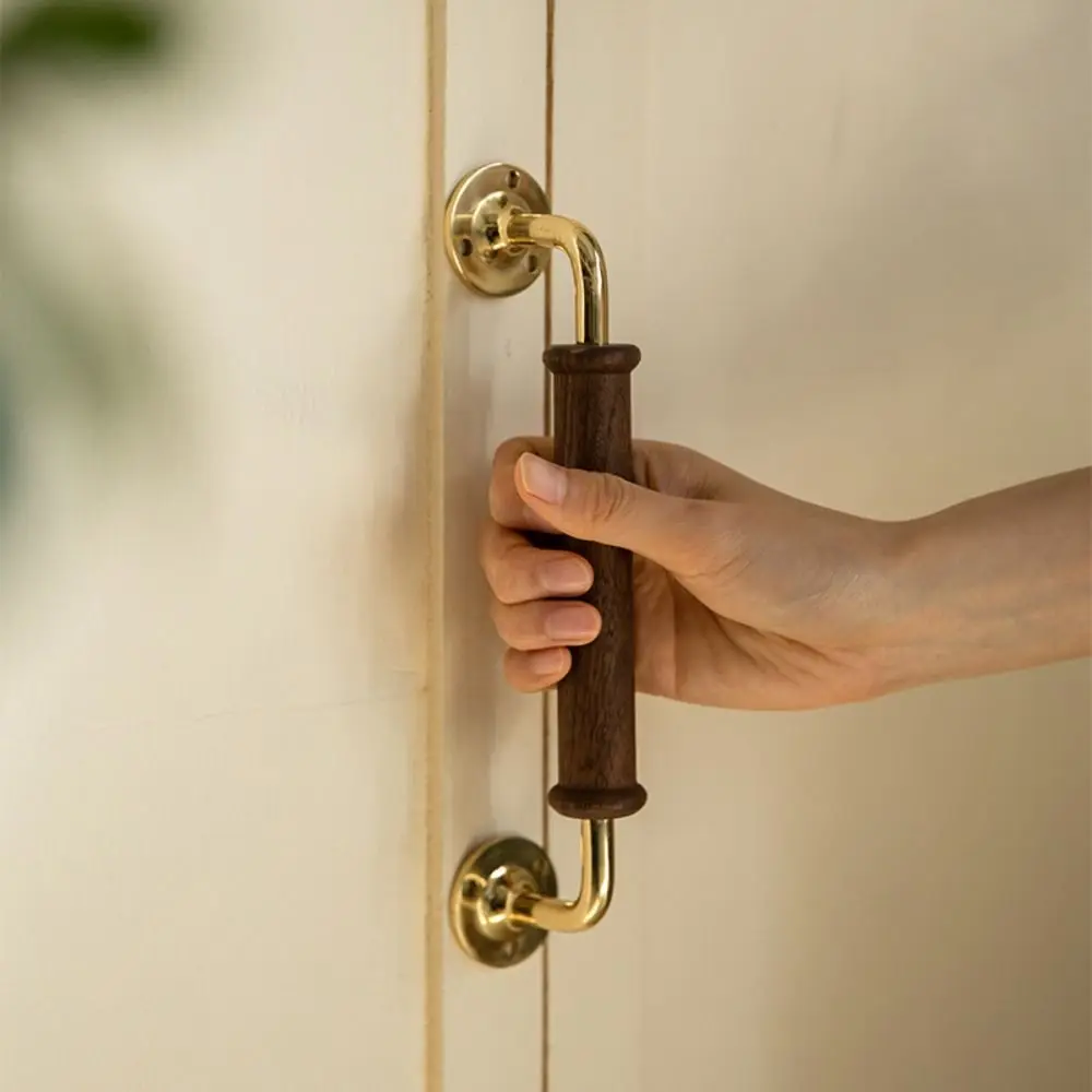 solid-wood-walnut-wood-handle-brass-base-premium-quality-vintage-door-handles-vintage-decor-light-luxury-brass-handle