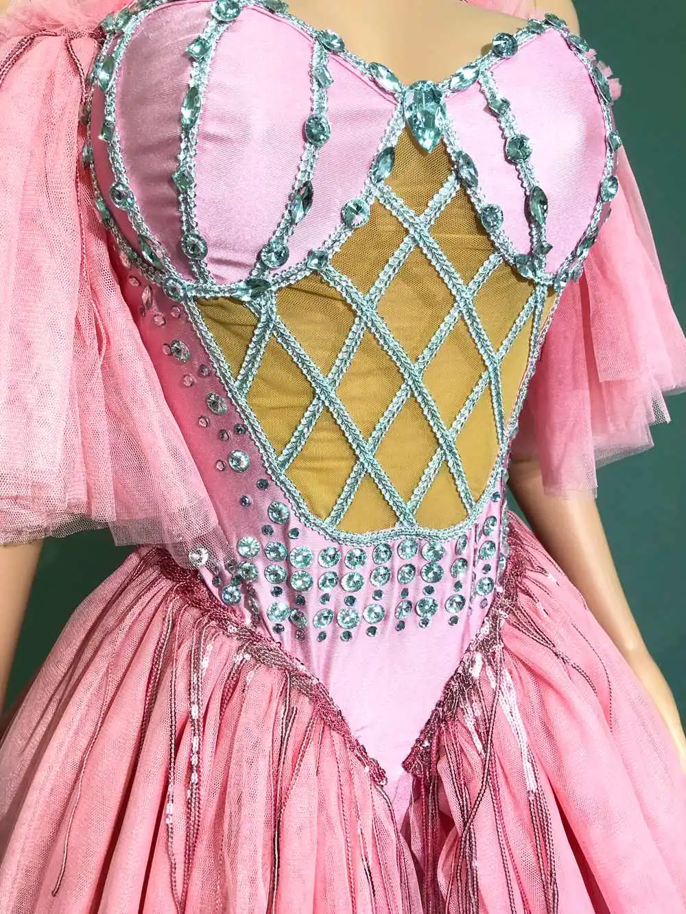 Sexy Off-The-Shoulder Sheer Pink Bodysuit Rhinestones Evening Party Dress Performance Dance Costume Nightclub Dancer Stage Wear