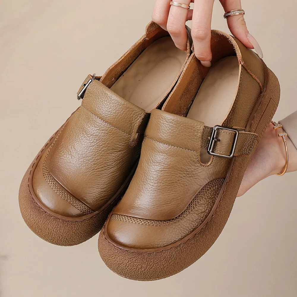 

Повседневная одинарная обувь для женщин, весна-осень, новые туфли-лодочки в стиле ретро из воловьей кожи на толстой подошве, женские туфли-лодочки с круглым носком и мягкой подошвой для мам