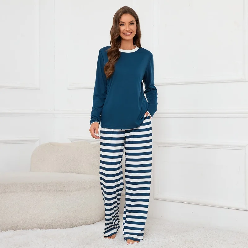 

2pcs Set Women Round Neck Long Sleeve Top Striped Print Drawstring Pants Loungewear Pajama Set Comfortable Home Sleepwear Outfit