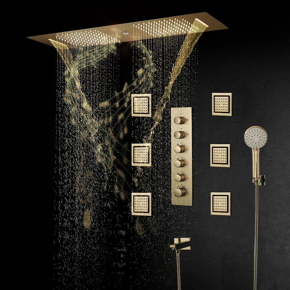 Rectangle Brushed Gold 900×300mm Big Showerheads Bluetooth Music Shower System Set Rain Shower Panel Mixer Faucet Thermostatic