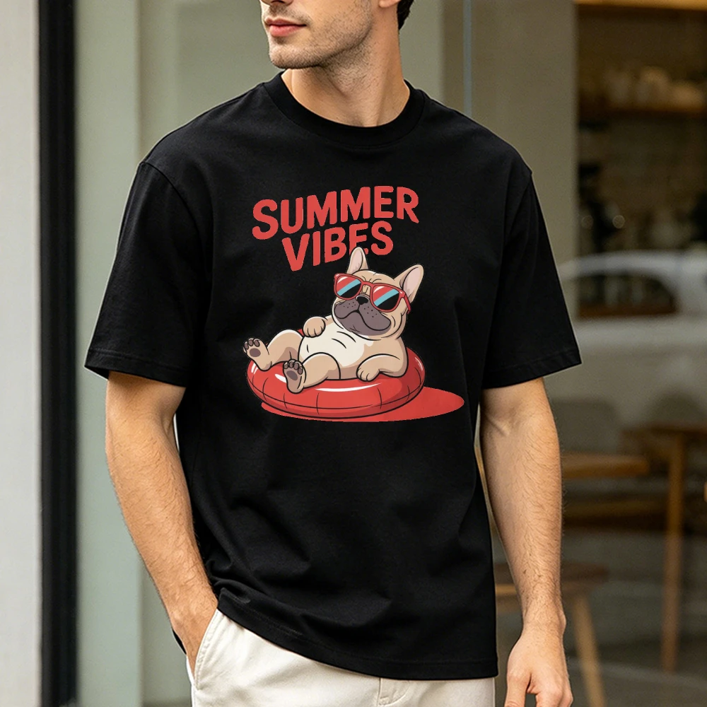 Summer Vibes French Bulldog Swim Ring Sunglasses Men Cotton T Shirt Beach Vacation Dog Lover Cartoon Casual Holiday Tee