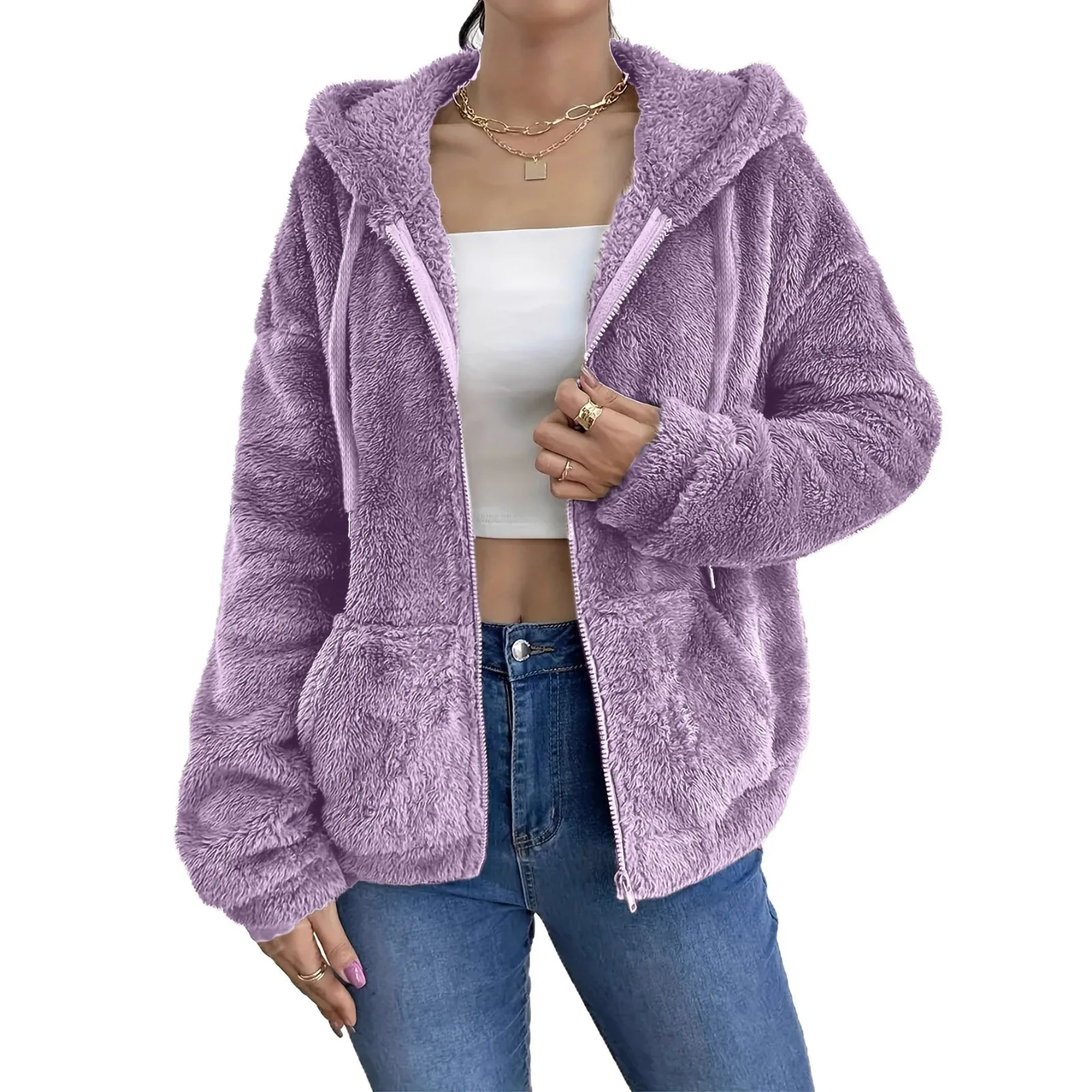 Oberbekleidung Winter Warm Plush Solid Color Jacket Women's Long Sleeve Pocket Zipper Hooded Jacket Ropa De Invierno Para Mujer