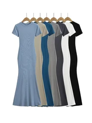 Women Short Sleeve O-neck Maxi Dress Summer Evening Knitted Mermaid Trumpet Long Dresses