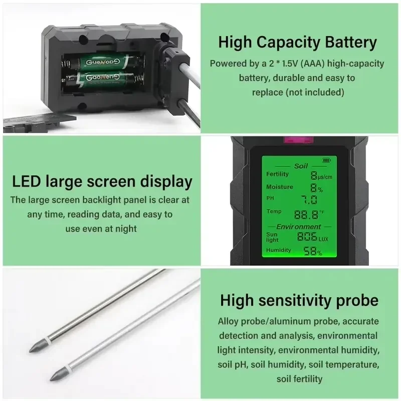 2026 New Style 6 in 1 Soil Moisture Tester for Plants with pH Light Temperature EC Humidity Meter for Gardening Indoor