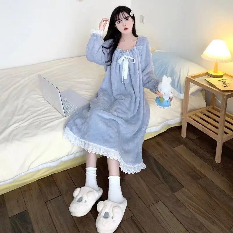 Fleece Women Nightgown Korean Lace Sleepwear Bow Winter Night Dress One Piece Pajamas Solid Warm Knee Length Home Wear 2024 New