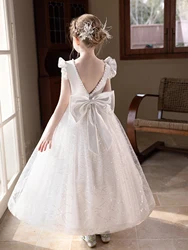 High-quality Sequin Dress for Girls White Floral Children's Wedding Gown with Pompom Skirt