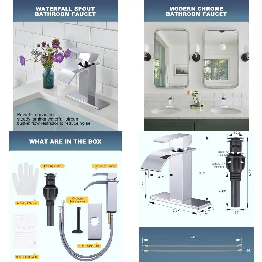 

Contemporary Chrome Single-Handle Bathroom Sink Faucet with Pop-Up Drain & Supply Lines for 1 or 3 Hole Installation