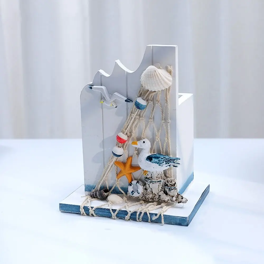 Mediterranean Style Wooden Pen Holder Ocean Style Handmade Pencil Storage Box Large Capacity Pen Container